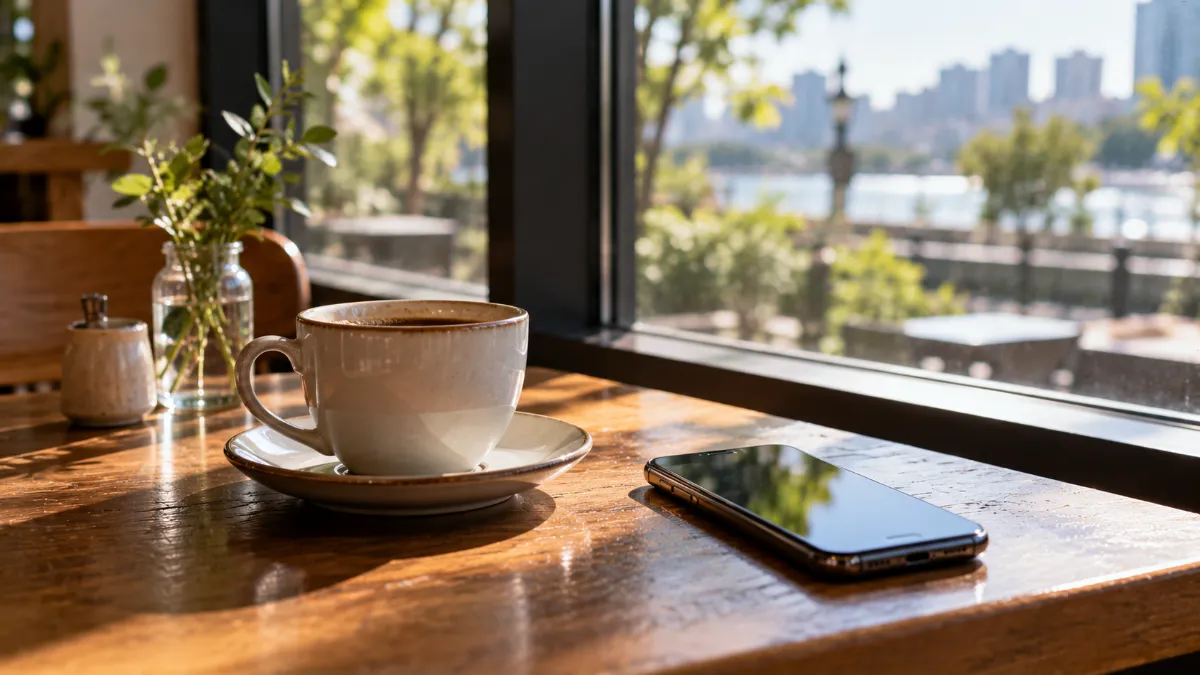 カフェのテーブルに置かれたコーヒーカップとスマートフォン