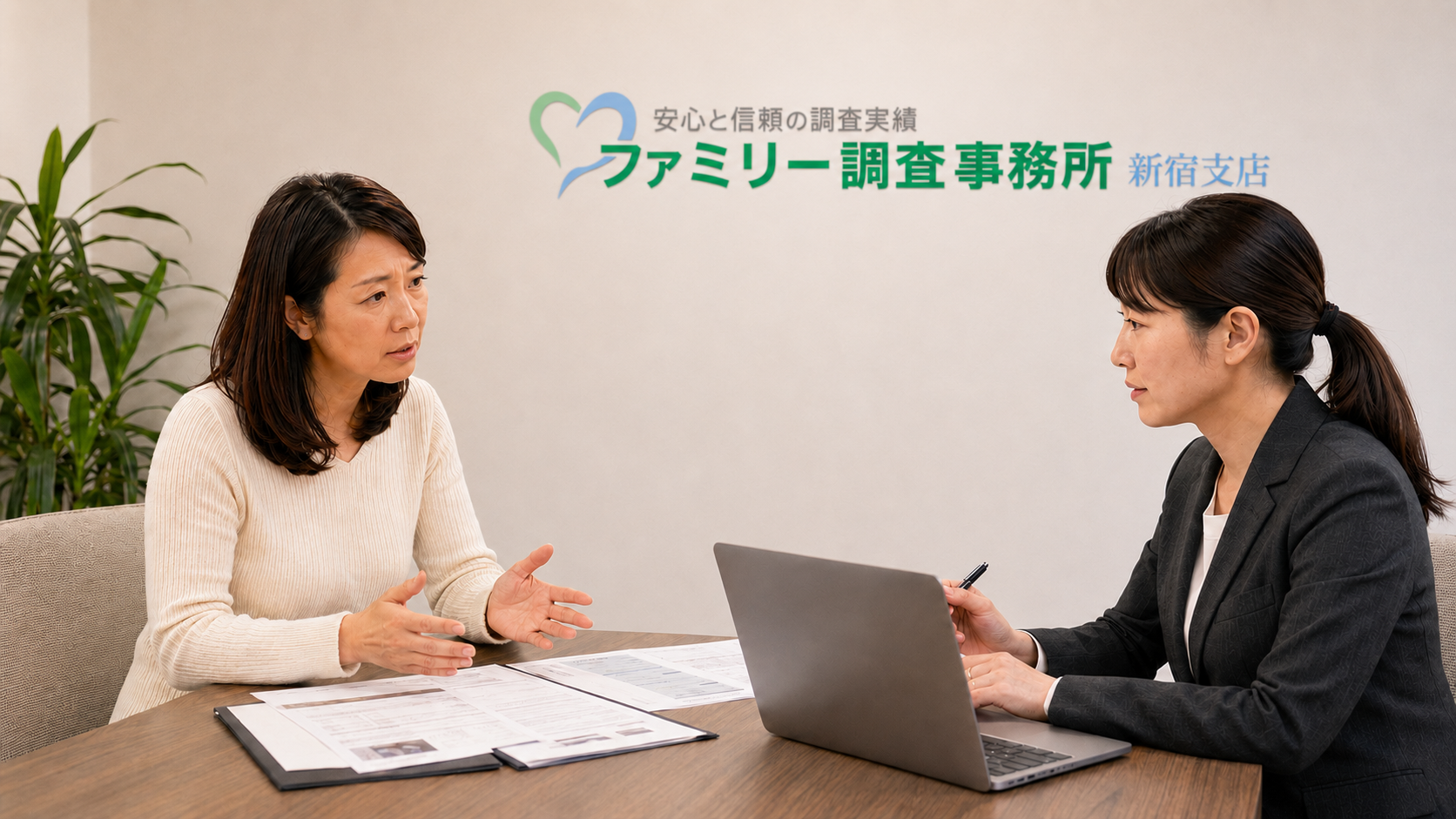 息子がホストらしい仕事を始め収入や生活状況を心配する母親が新宿支店で相談する様子