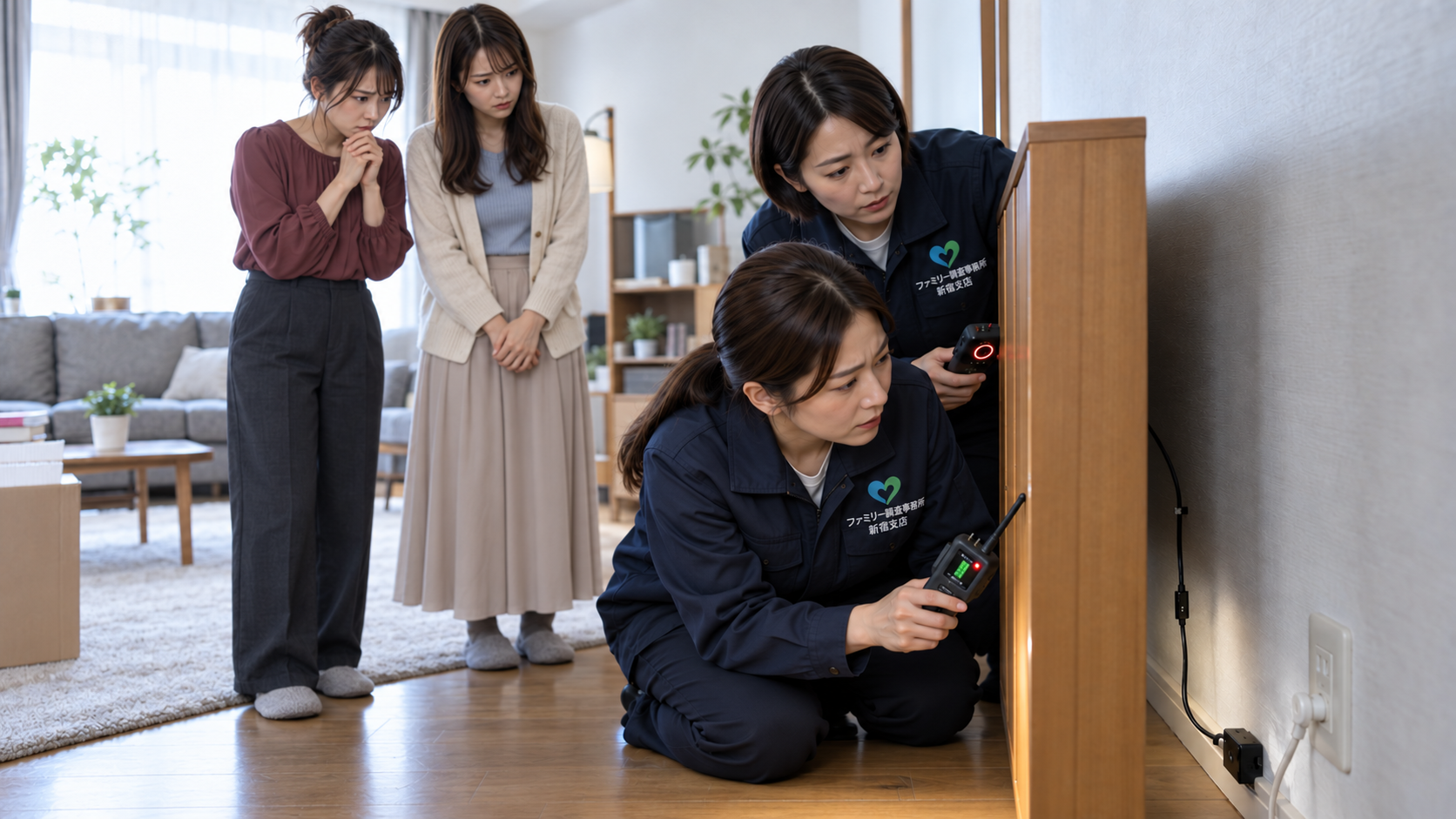 家具の裏から見つかった見覚えのない配線について新宿支店へ相談する様子