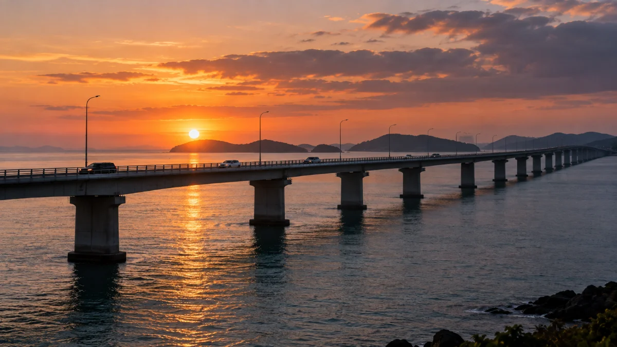 夕方の南国の港町の街並みを丘の上から見下ろした風景