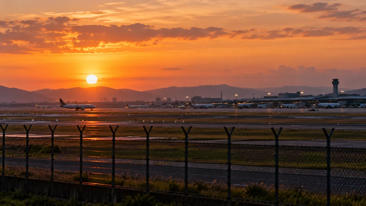 夕暮れに海にかかる長い橋を横から見た風景