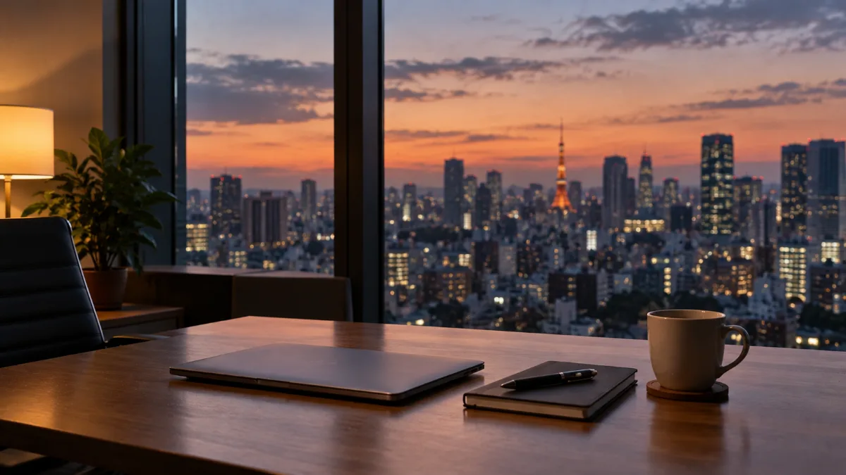 夕暮れのオフィスと街の遠景