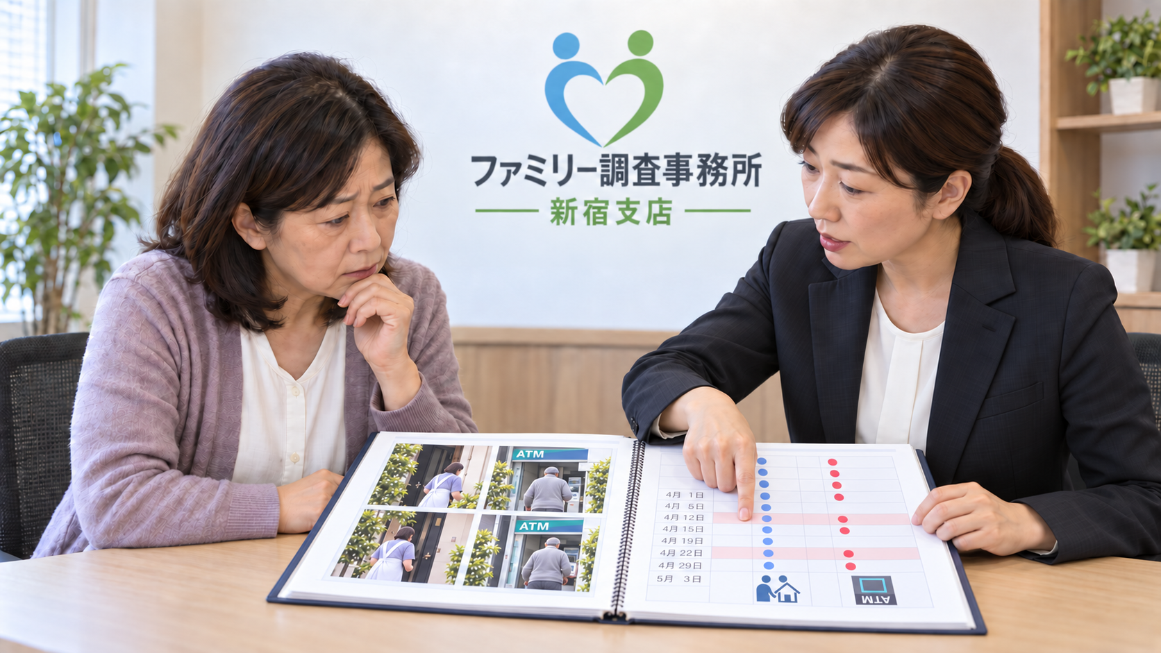 ヘルパー訪問日とATM利用が重なる一人暮らしの高齢の父の生活記録を確認する調査員