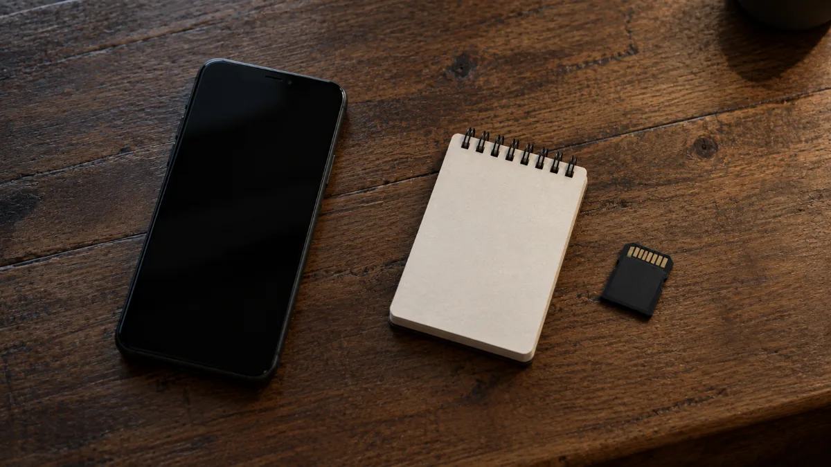 テーブルの上に置かれたスマートフォンとメモ帳、メモリーカード