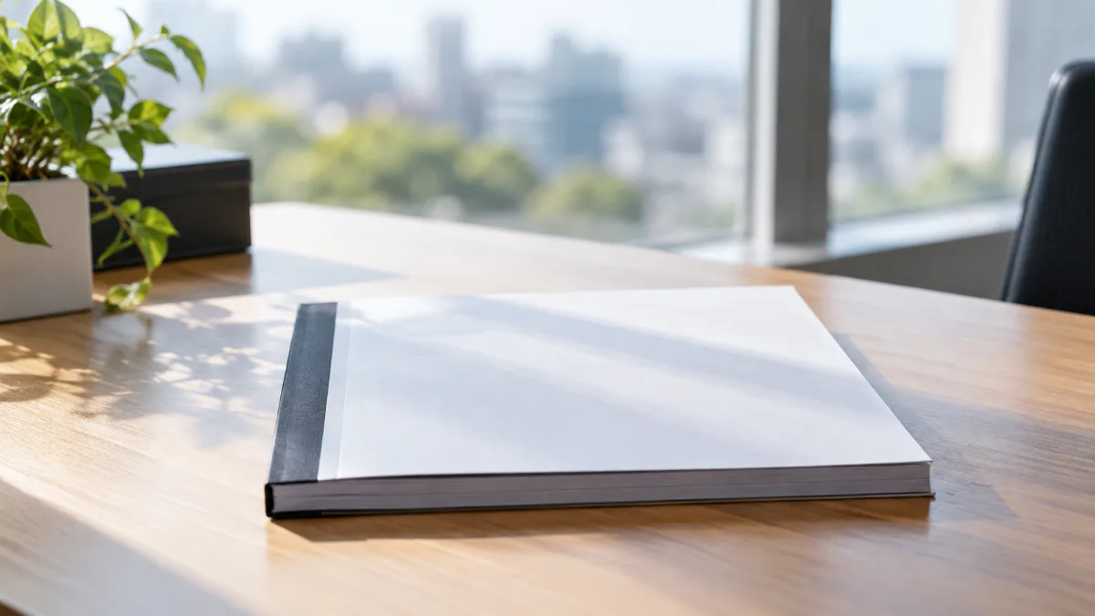 窓辺の机に置かれた無地の報告書