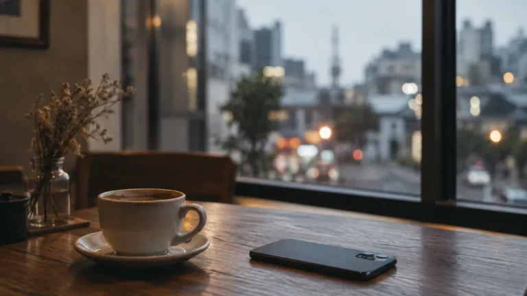 カフェのテーブルに伏せて置かれたスマートフォン