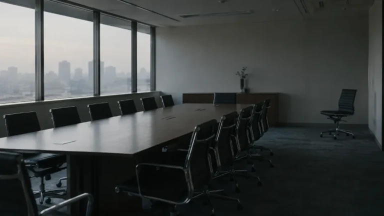 無人の会議室で、一つだけ列から離れている椅子