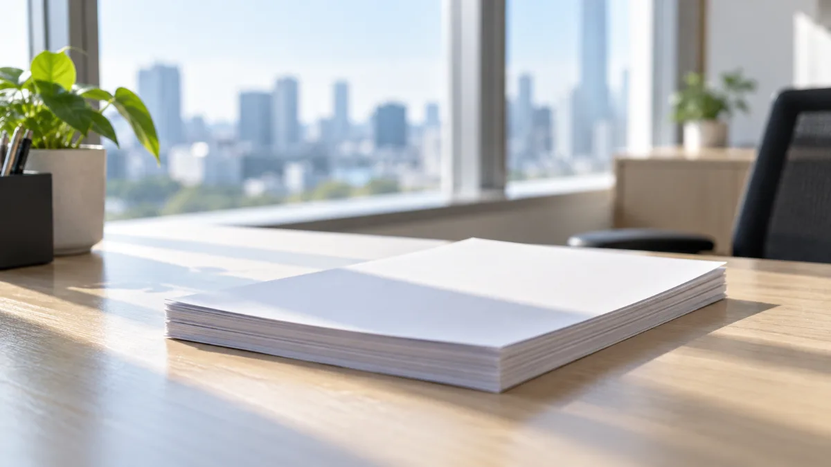 窓辺の机に置かれた無地の書類