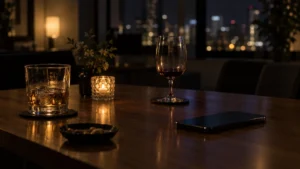 夜のテーブルに伏せて置かれたスマートフォンと2つのグラス