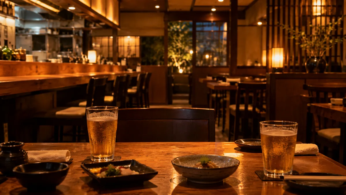 夕方の居酒屋のテーブルに向かい合って置かれたグラス