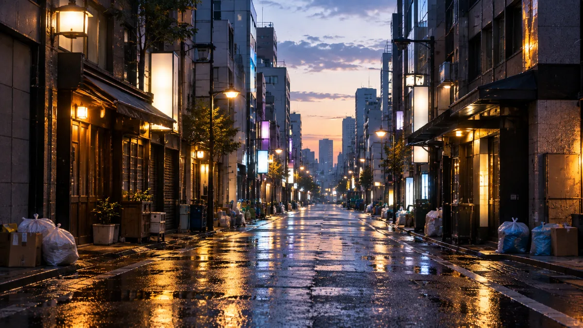 明け方の繁華街の通り。空が白み始めていて、人の姿はない