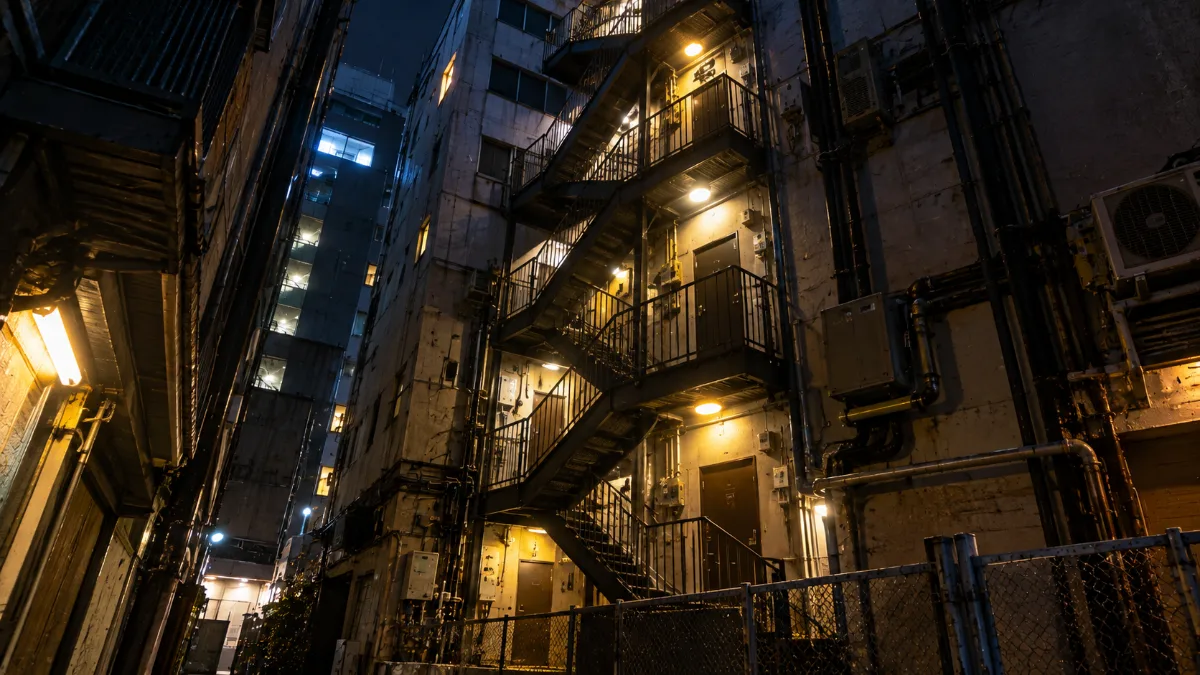 雑居ビルの外階段。踊り場に扉がいくつも並び、表通りとは別の出入口があることが分かる