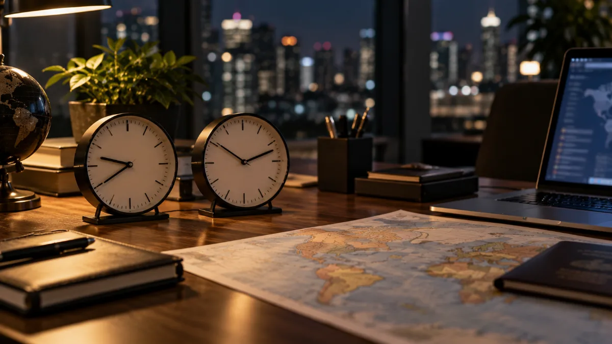時差の異なる2つの時計と世界地図が置かれた机
