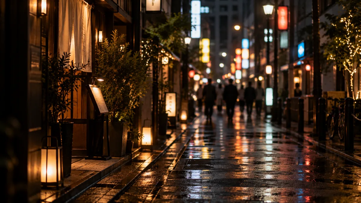 夜の繁華街の路地を離れた位置から見た風景