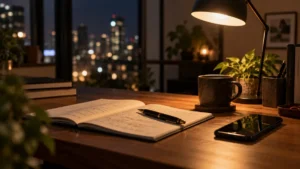 夜のテーブルに置かれた開いたノートとボールペンとスマートフォン