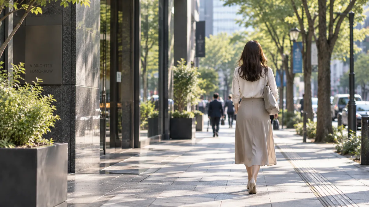 昼下がりの街を歩く女性の後ろ姿