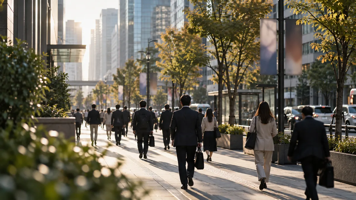 朝の通勤時間帯にオフィス街の歩道を歩く人々