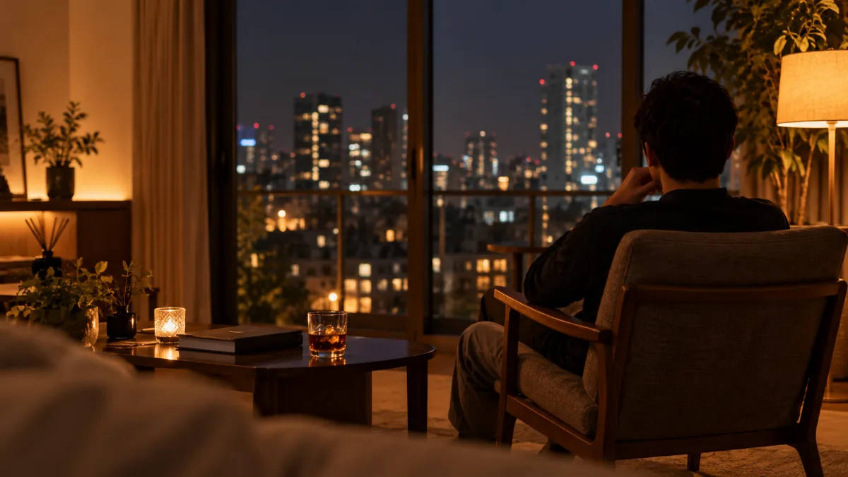 夜のリビングで窓の外を見ている男性の後ろ姿