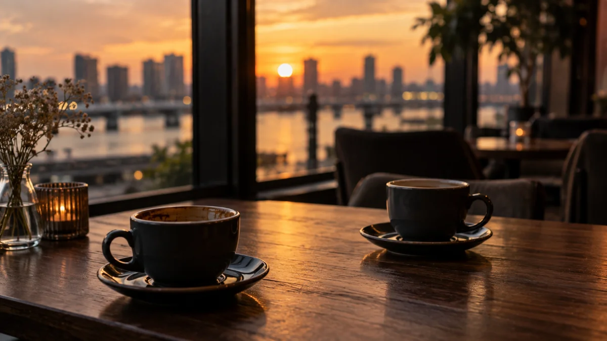 夕方のカフェのテーブルに置かれた冷めたコーヒーカップ