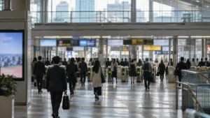 朝の駅の改札付近を歩く通勤客