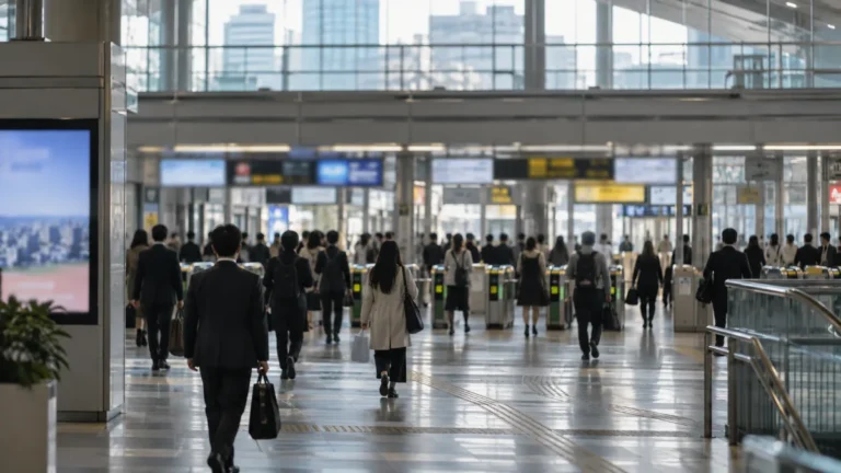 朝の駅の改札付近を歩く通勤客