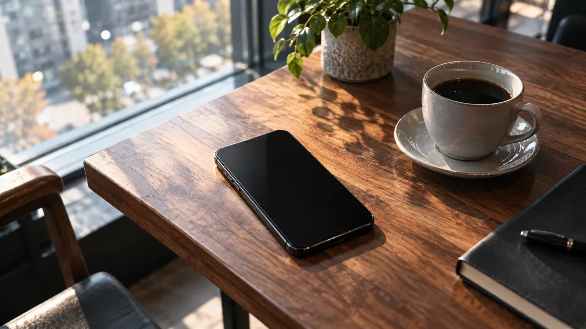 テーブルに置かれたスマートフォン
