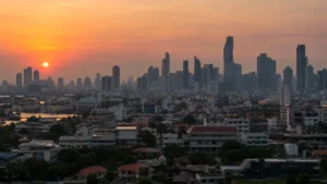 夕方の東南アジアの大都市の高層ビル群を遠景で見た風景