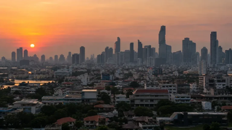 夕方の東南アジアの大都市の高層ビル群を遠景で見た風景