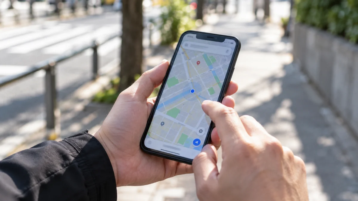 地図が表示されたスマートフォンを持つ手元