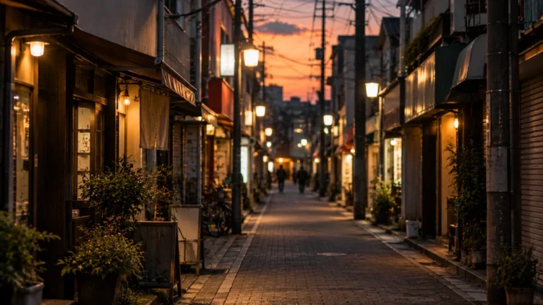 夕暮れの商店街の細い通り