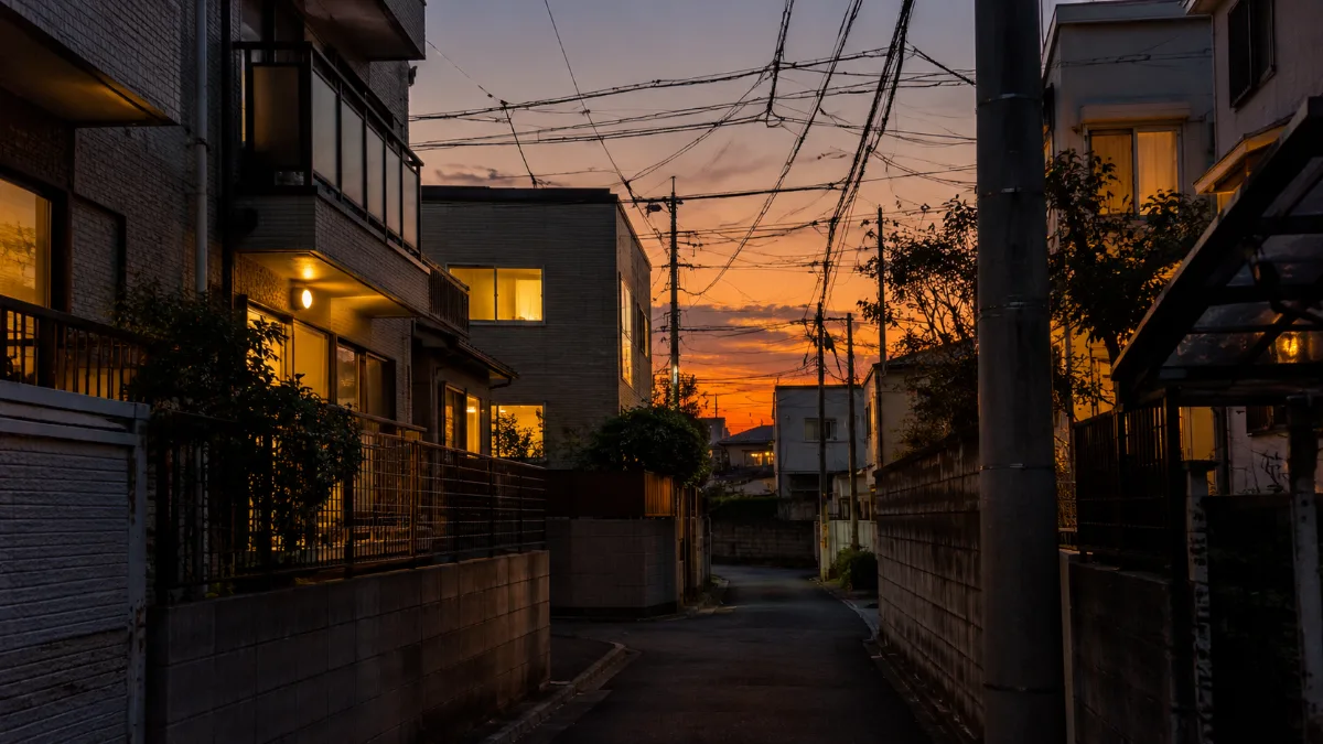 夕方の住宅街の細い道。2〜3階建てのアパートが並び、窓に明かりがつき始めている