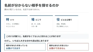 名前が分からない相手を探すとき、時・場・役の3点で絞り込めること、および相手があなたを知っているかどうかが分かれ目になることを示した図