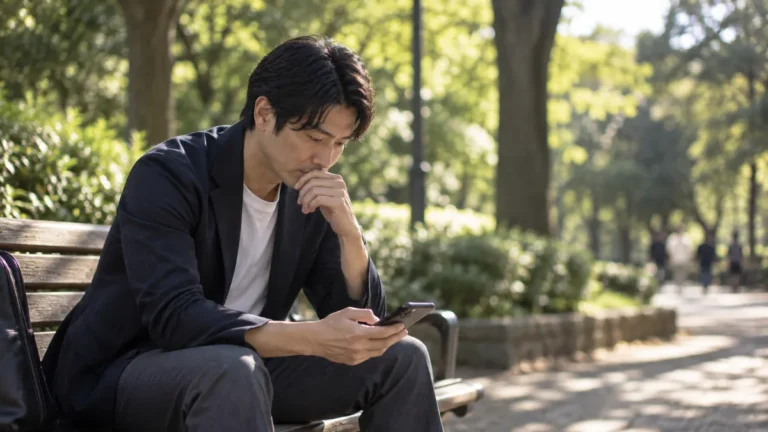昼下がりの公園のベンチでスマートフォンを見つめる男性