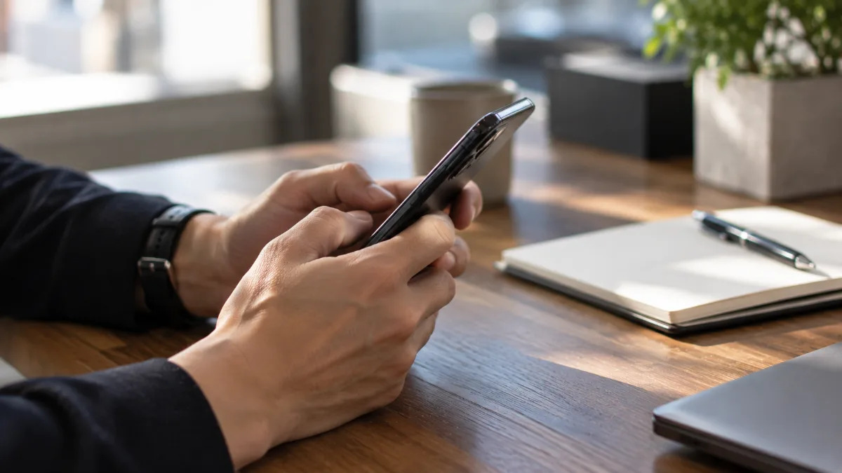 スマートフォンの設定画面を確認する男性の手元