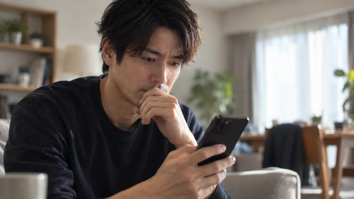 スマートフォンの通知を見て手が止まっている男性