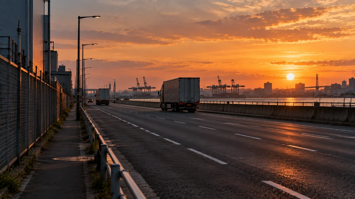 夕暮れの臨海部の広い道路