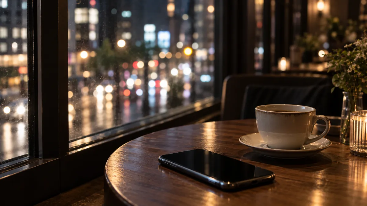 夜のカフェの窓際に伏せて置かれたスマートフォンと冷めたコーヒー