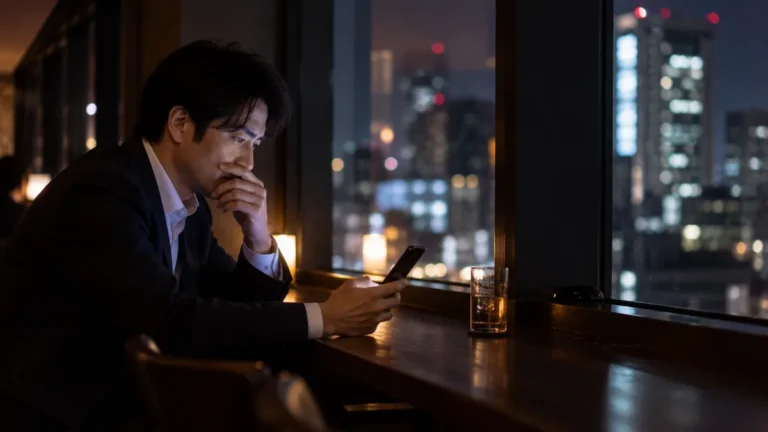 夜の窓際でスマートフォンの画面を見つめる男性