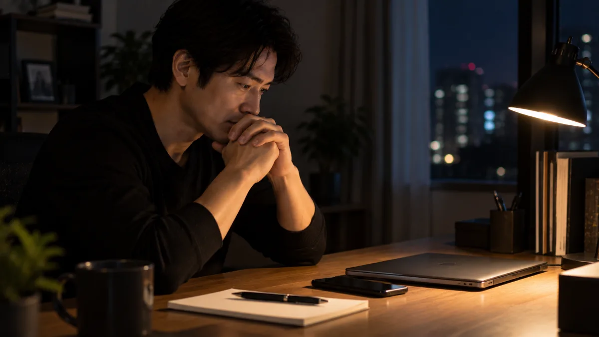 投資の話が出たやりとりの画面を確認する手元とノート