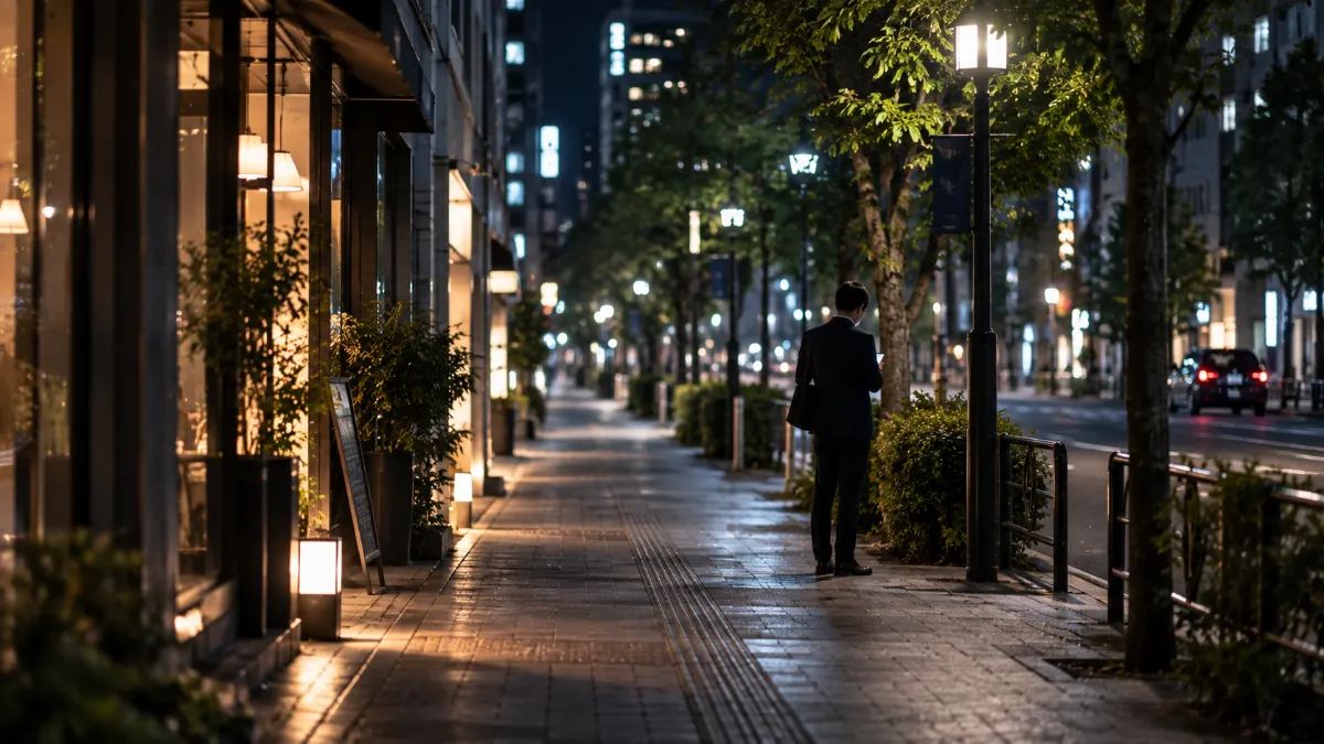 夜の街角で立ち止まりスマートフォンを見る人の後ろ姿