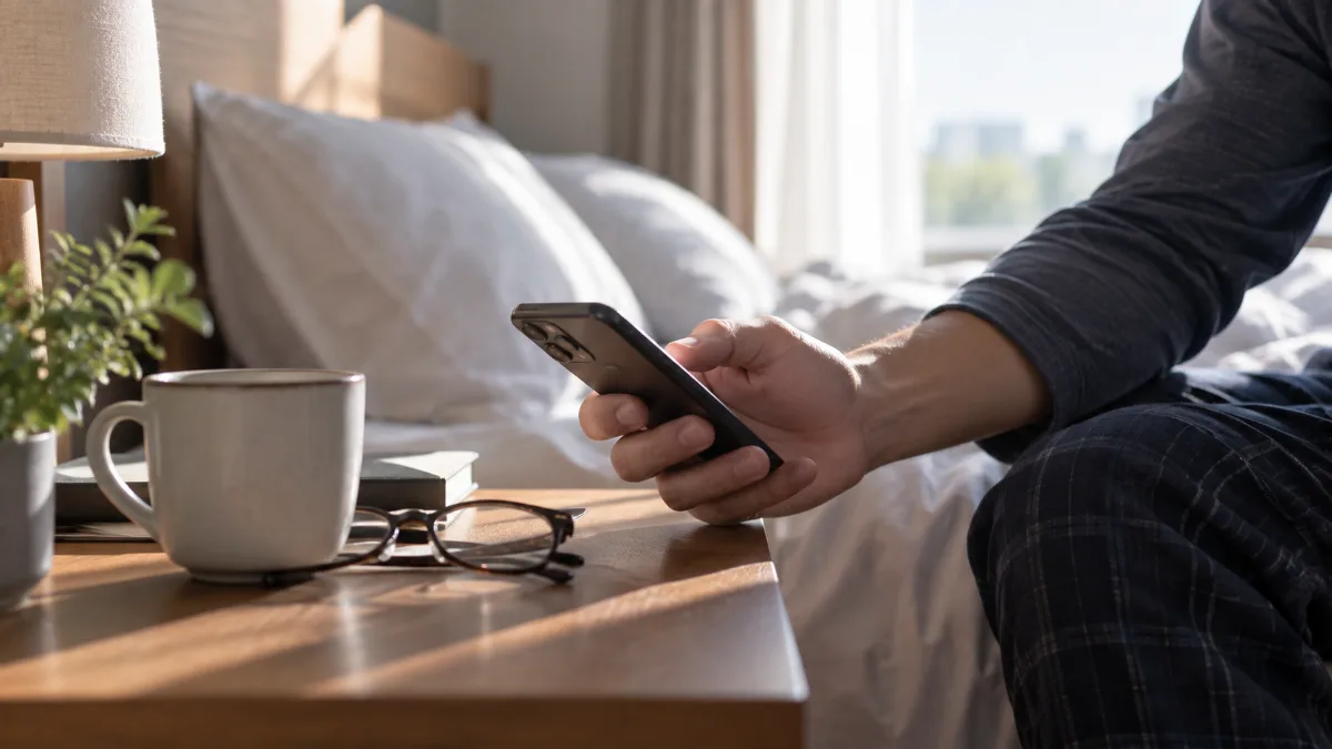 メッセージ一覧から相手が消えたスマートフォンを見つめる男性の手元