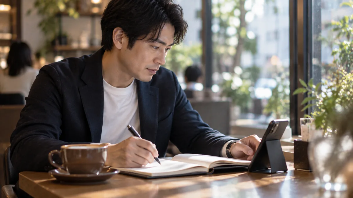 カフェで手帳にメモを取りながらスマートフォンの表示を確認する男性