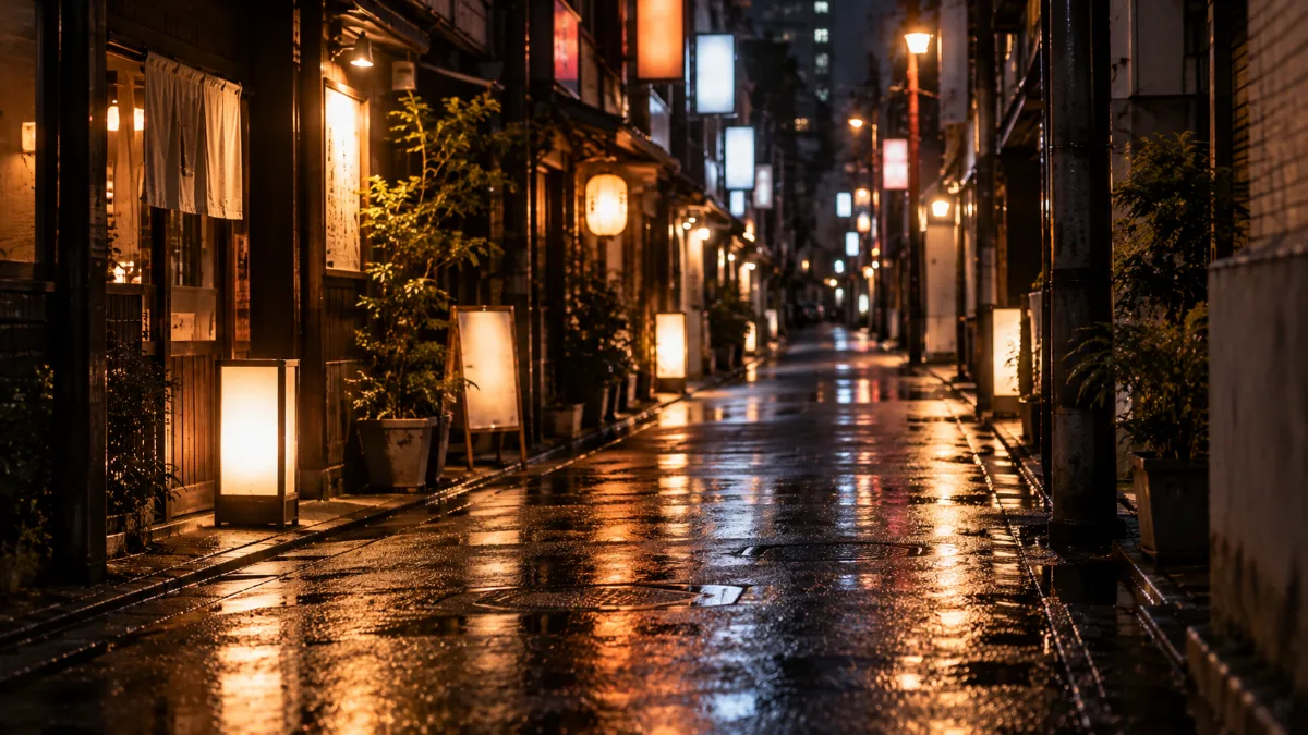 夜の繁華街の路地に並ぶ飲食店の灯り