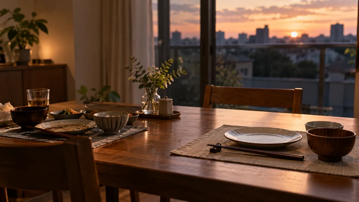 夕暮れのダイニングテーブルに置かれた二人分の食器