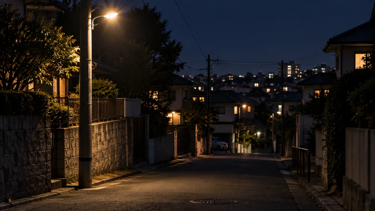 夜の住宅街に灯る街灯