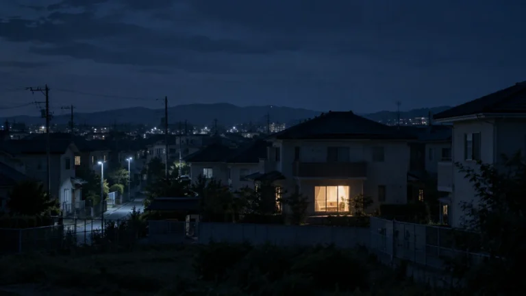 夜の住宅街でリビングの窓にひとつだけ灯りがついている家