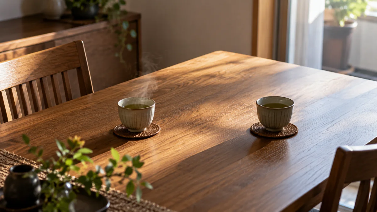 向かい合わせに置かれた湯呑みのうち片方が手つかずのダイニングテーブル