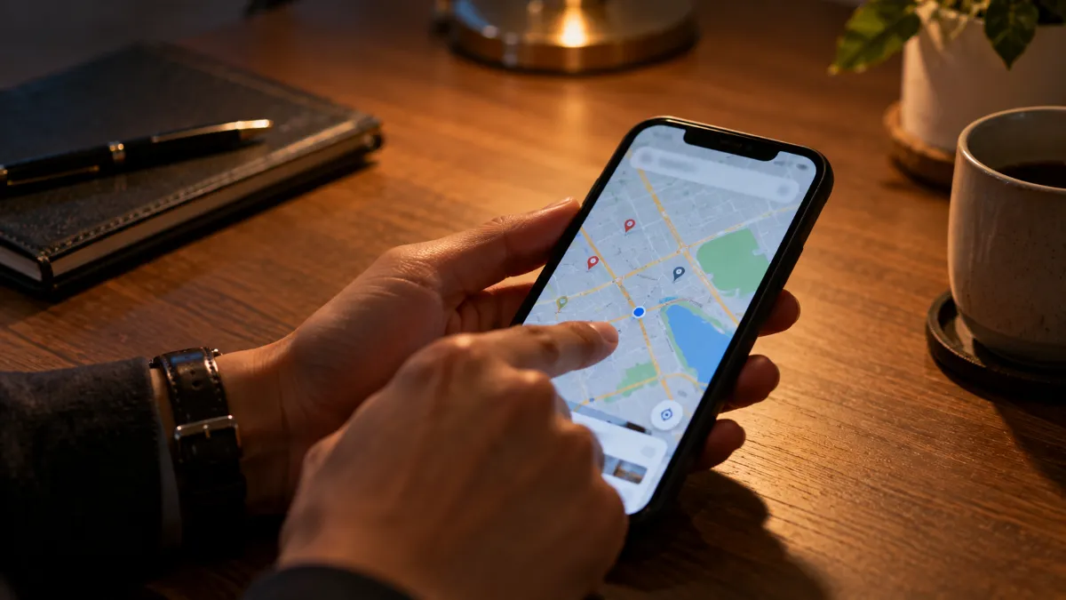 机の上のスマートフォンに表示された地図