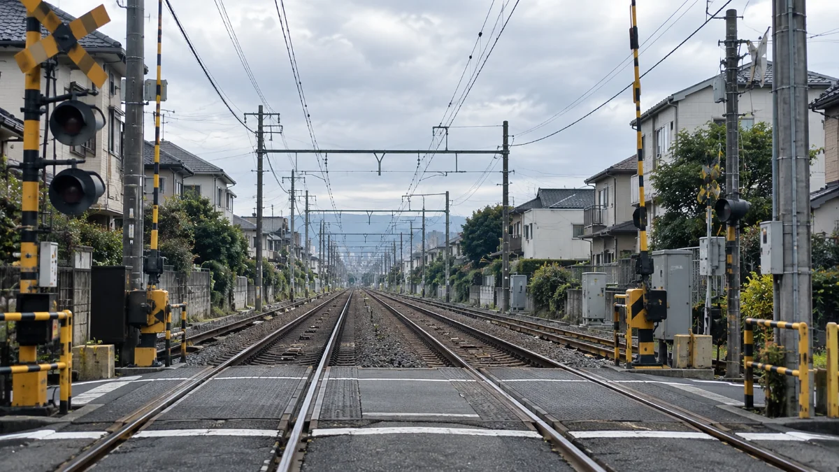 住宅街の踏切と遠くまで続く線路