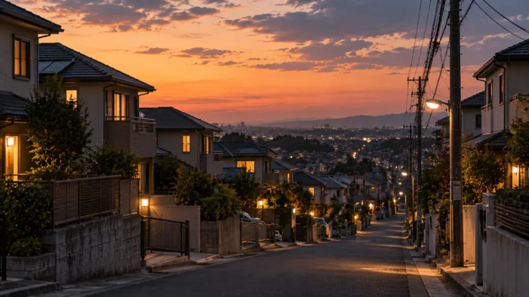 夕暮れの坂に沿って続く住宅街